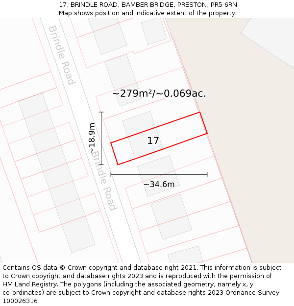 17, BRINDLE ROAD, BAMBER BRIDGE, PRESTON, PR5 6RN: Plot and title map