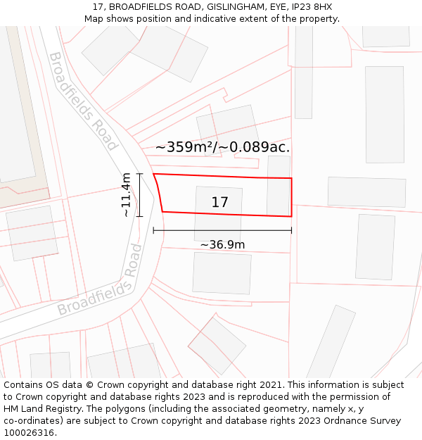 17, BROADFIELDS ROAD, GISLINGHAM, EYE, IP23 8HX: Plot and title map