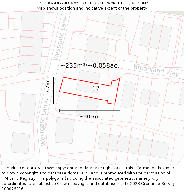 17, BROADLAND WAY, LOFTHOUSE, WAKEFIELD, WF3 3NY: Plot and title map