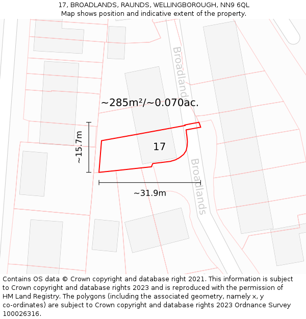 17, BROADLANDS, RAUNDS, WELLINGBOROUGH, NN9 6QL: Plot and title map