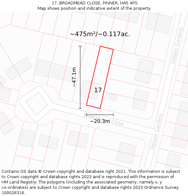 17, BROADMEAD CLOSE, PINNER, HA5 4PS: Plot and title map