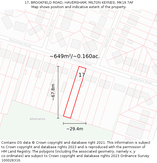 17, BROOKFIELD ROAD, HAVERSHAM, MILTON KEYNES, MK19 7AF: Plot and title map