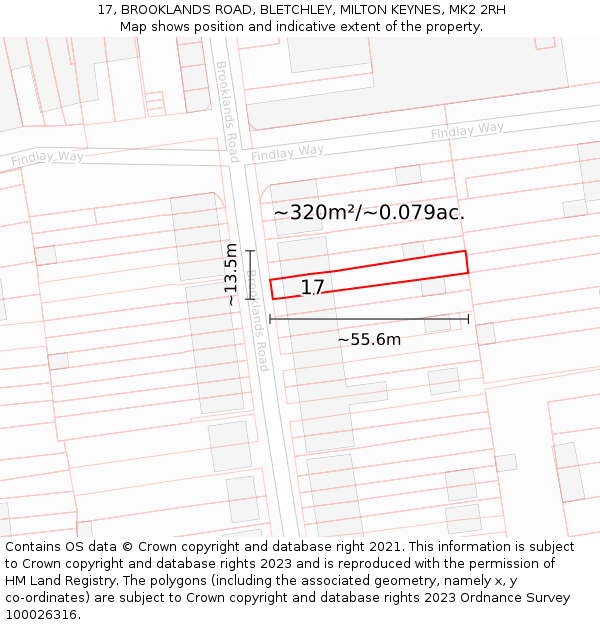 17, BROOKLANDS ROAD, BLETCHLEY, MILTON KEYNES, MK2 2RH: Plot and title map