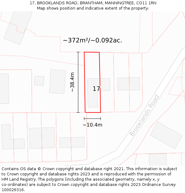17, BROOKLANDS ROAD, BRANTHAM, MANNINGTREE, CO11 1RN: Plot and title map