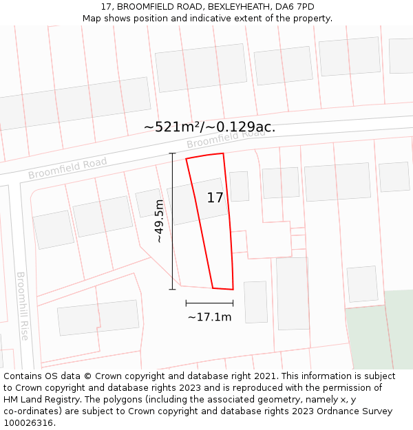 17, BROOMFIELD ROAD, BEXLEYHEATH, DA6 7PD: Plot and title map