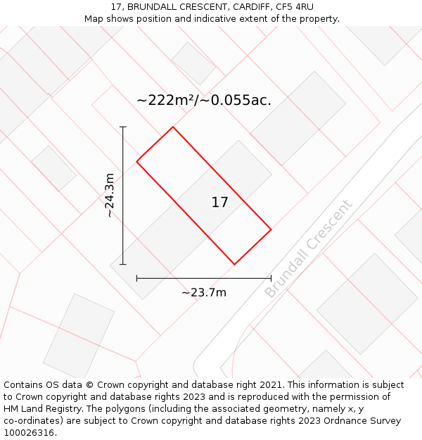 17, BRUNDALL CRESCENT, CARDIFF, CF5 4RU: Plot and title map