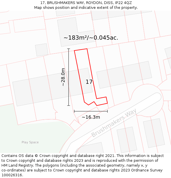 17, BRUSHMAKERS WAY, ROYDON, DISS, IP22 4QZ: Plot and title map