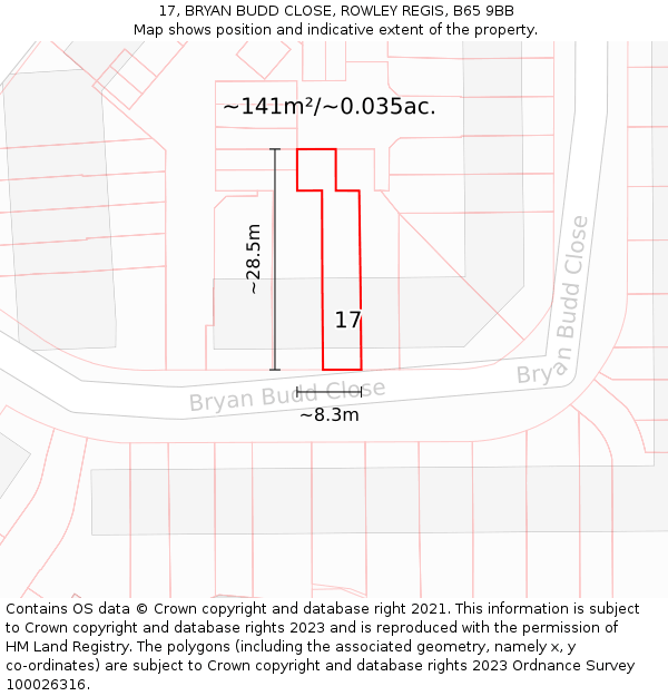 17, BRYAN BUDD CLOSE, ROWLEY REGIS, B65 9BB: Plot and title map