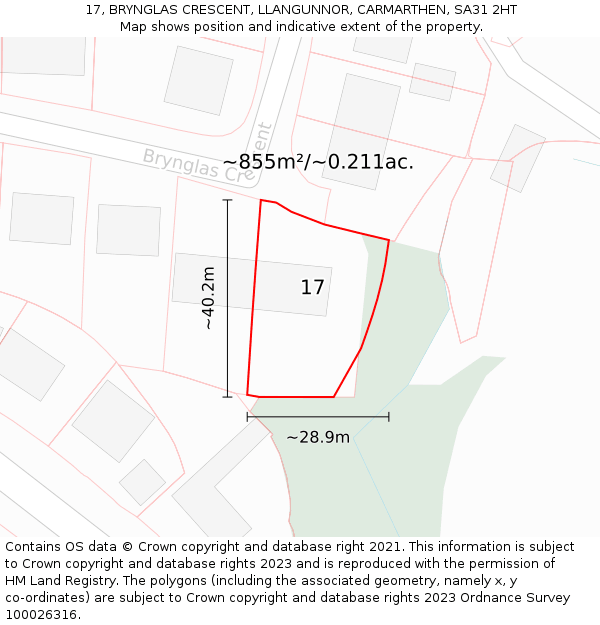 17, BRYNGLAS CRESCENT, LLANGUNNOR, CARMARTHEN, SA31 2HT: Plot and title map