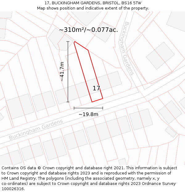 17, BUCKINGHAM GARDENS, BRISTOL, BS16 5TW: Plot and title map