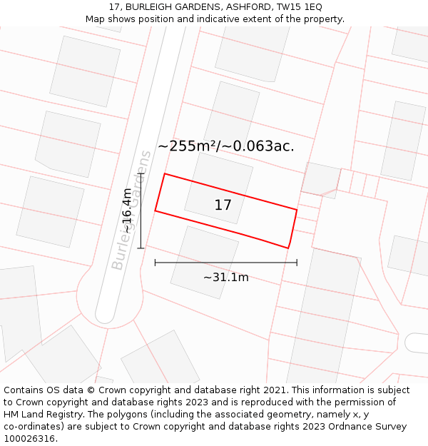 17, BURLEIGH GARDENS, ASHFORD, TW15 1EQ: Plot and title map