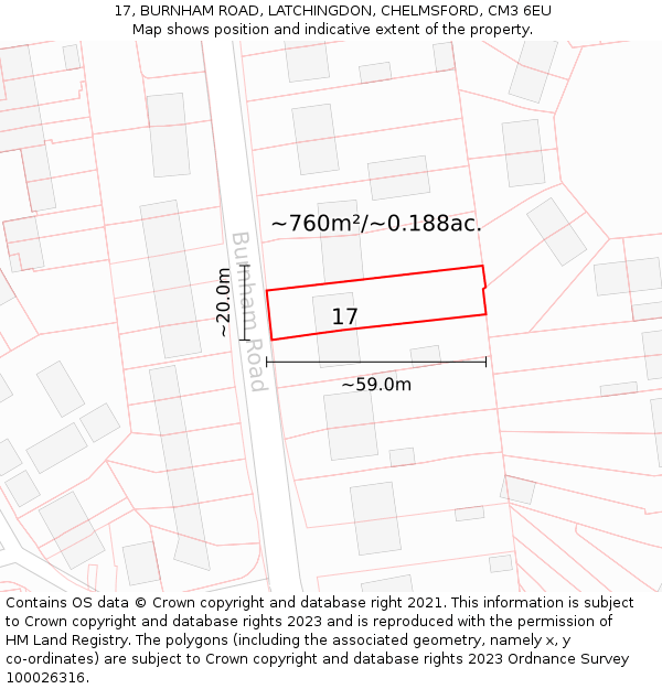 17, BURNHAM ROAD, LATCHINGDON, CHELMSFORD, CM3 6EU: Plot and title map