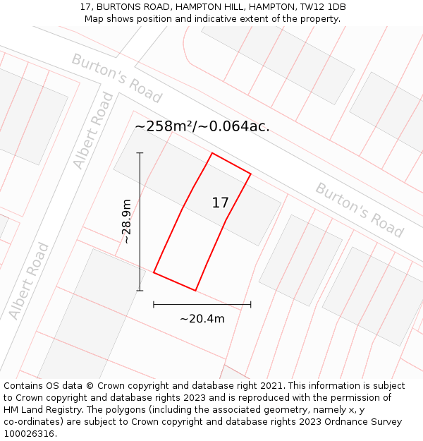 17, BURTONS ROAD, HAMPTON HILL, HAMPTON, TW12 1DB: Plot and title map
