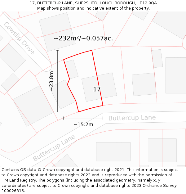 17, BUTTERCUP LANE, SHEPSHED, LOUGHBOROUGH, LE12 9QA: Plot and title map