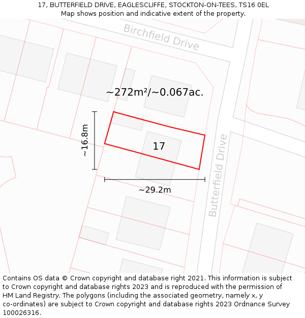 17, BUTTERFIELD DRIVE, EAGLESCLIFFE, STOCKTON-ON-TEES, TS16 0EL: Plot and title map