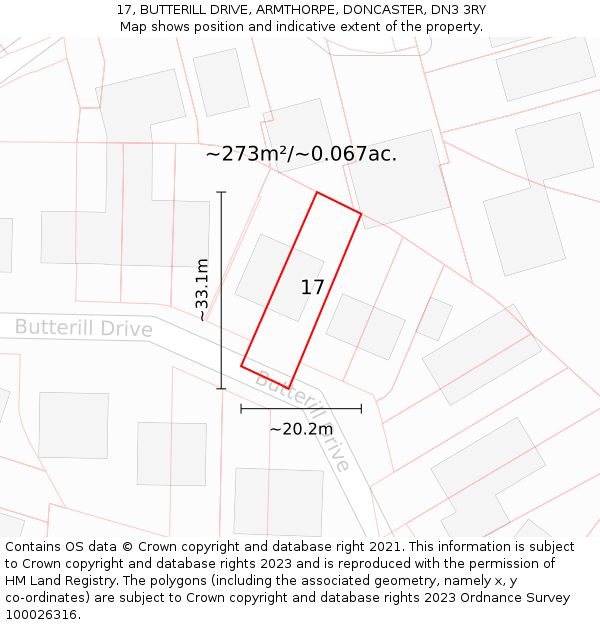 17, BUTTERILL DRIVE, ARMTHORPE, DONCASTER, DN3 3RY: Plot and title map