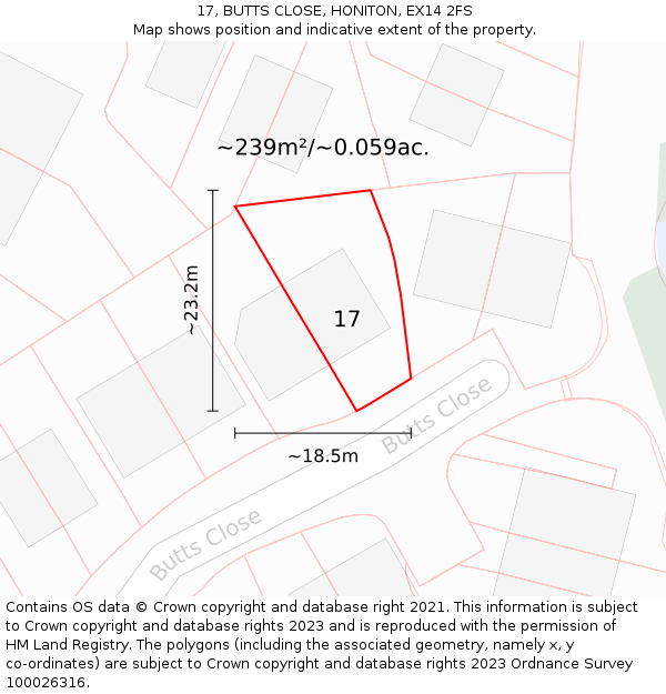 17, BUTTS CLOSE, HONITON, EX14 2FS: Plot and title map