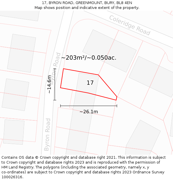 17, BYRON ROAD, GREENMOUNT, BURY, BL8 4EN: Plot and title map