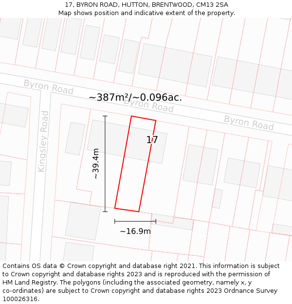 17, BYRON ROAD, HUTTON, BRENTWOOD, CM13 2SA: Plot and title map