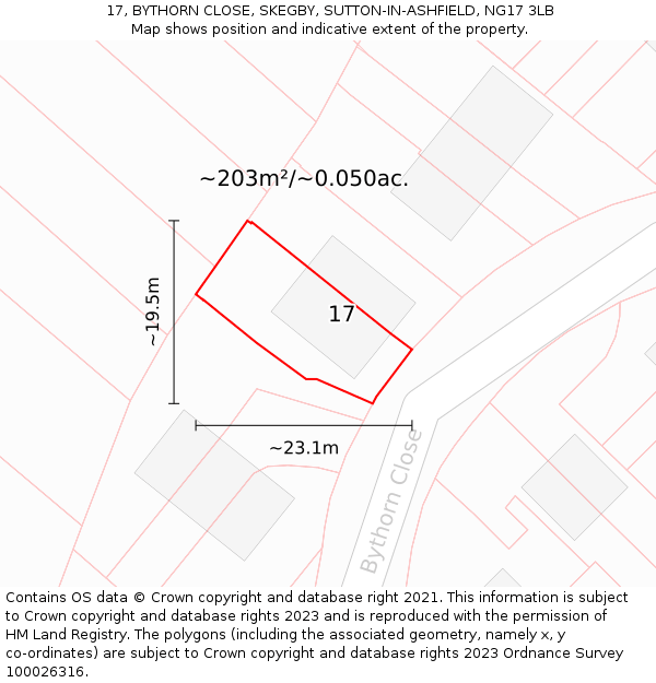 17, BYTHORN CLOSE, SKEGBY, SUTTON-IN-ASHFIELD, NG17 3LB: Plot and title map