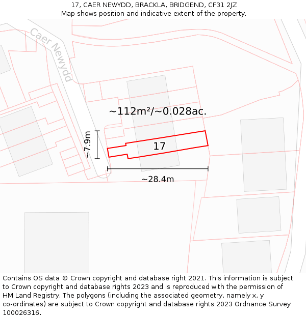17, CAER NEWYDD, BRACKLA, BRIDGEND, CF31 2JZ: Plot and title map