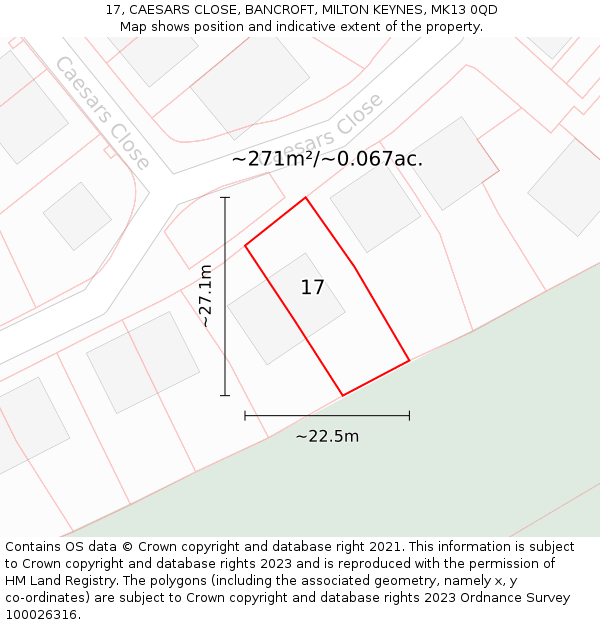 17, CAESARS CLOSE, BANCROFT, MILTON KEYNES, MK13 0QD: Plot and title map
