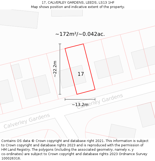 17, CALVERLEY GARDENS, LEEDS, LS13 1HF: Plot and title map