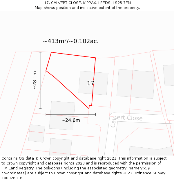 17, CALVERT CLOSE, KIPPAX, LEEDS, LS25 7EN: Plot and title map