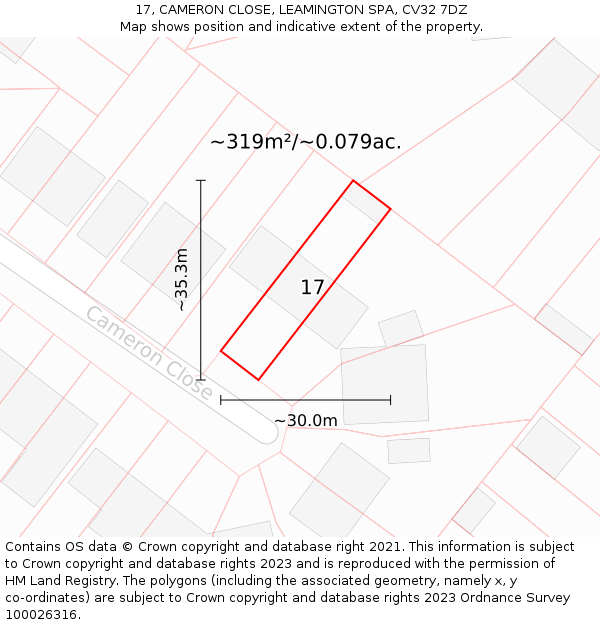 17, CAMERON CLOSE, LEAMINGTON SPA, CV32 7DZ: Plot and title map