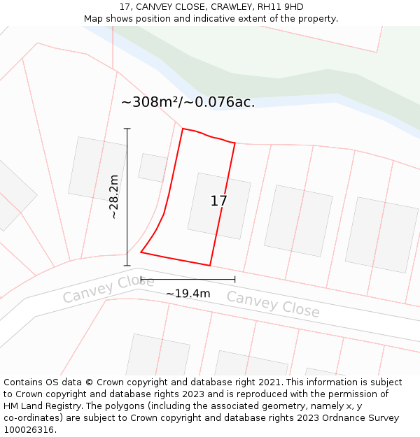 17, CANVEY CLOSE, CRAWLEY, RH11 9HD: Plot and title map