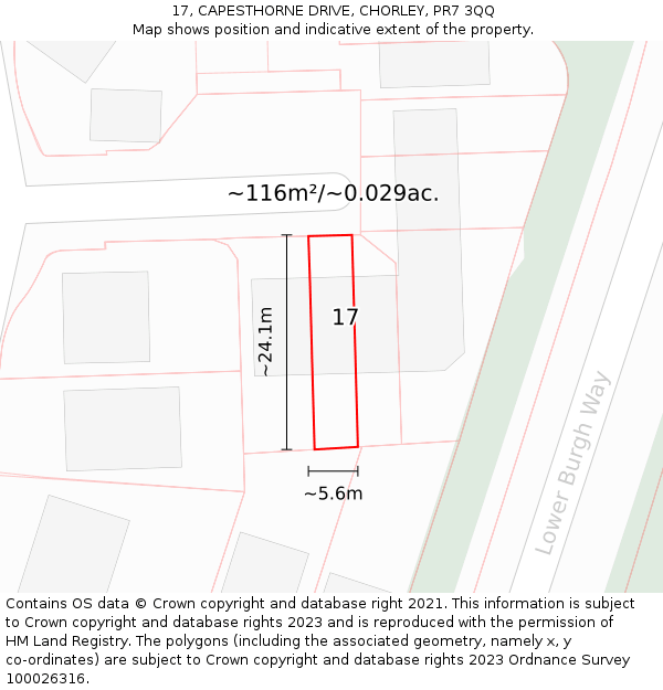 17, CAPESTHORNE DRIVE, CHORLEY, PR7 3QQ: Plot and title map