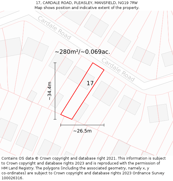 17, CARDALE ROAD, PLEASLEY, MANSFIELD, NG19 7RW: Plot and title map