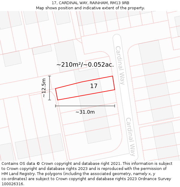 17, CARDINAL WAY, RAINHAM, RM13 9RB: Plot and title map