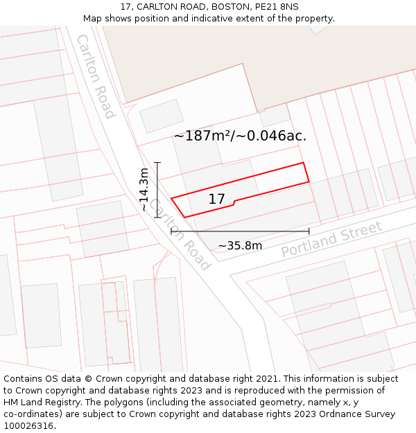 17, CARLTON ROAD, BOSTON, PE21 8NS: Plot and title map