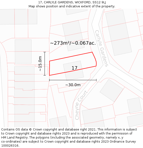 17, CARLYLE GARDENS, WICKFORD, SS12 9LJ: Plot and title map