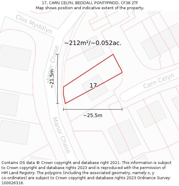 17, CARN CELYN, BEDDAU, PONTYPRIDD, CF38 2TF: Plot and title map