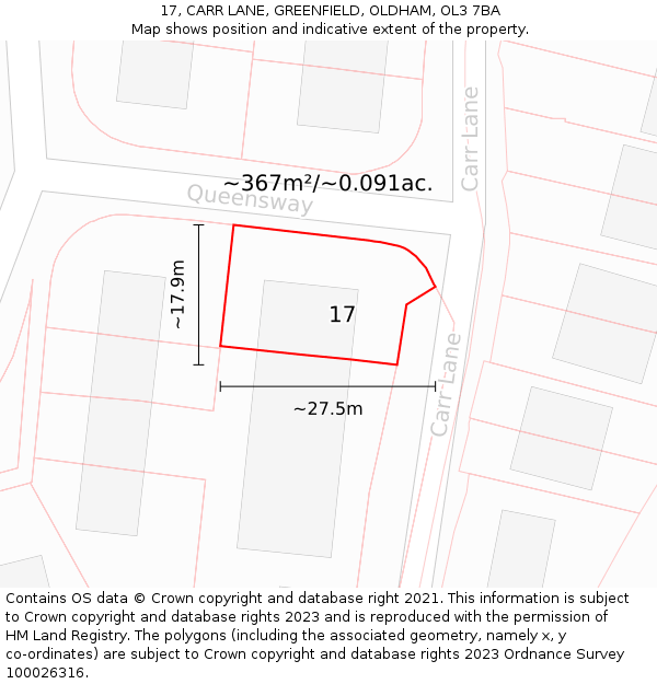 17, CARR LANE, GREENFIELD, OLDHAM, OL3 7BA: Plot and title map