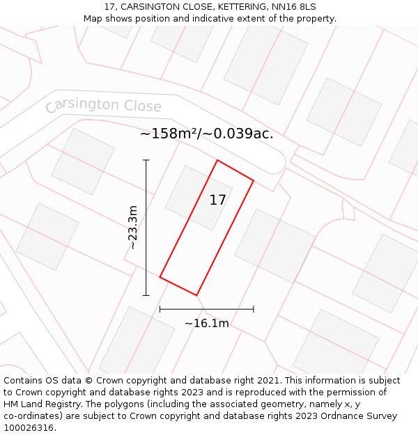 17, CARSINGTON CLOSE, KETTERING, NN16 8LS: Plot and title map