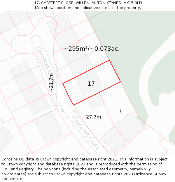 17, CARTERET CLOSE, WILLEN, MILTON KEYNES, MK15 9LD: Plot and title map