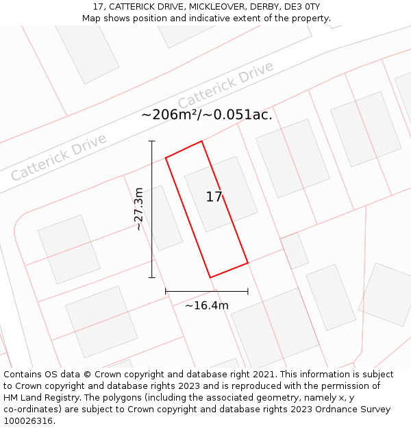 17, CATTERICK DRIVE, MICKLEOVER, DERBY, DE3 0TY: Plot and title map