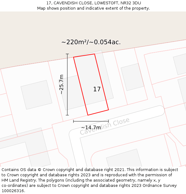 17, CAVENDISH CLOSE, LOWESTOFT, NR32 3DU: Plot and title map