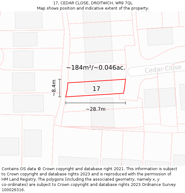 17, CEDAR CLOSE, DROITWICH, WR9 7QL: Plot and title map