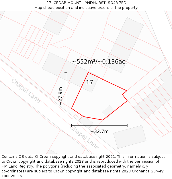 17, CEDAR MOUNT, LYNDHURST, SO43 7ED: Plot and title map