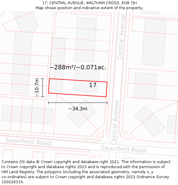 17, CENTRAL AVENUE, WALTHAM CROSS, EN8 7JH: Plot and title map