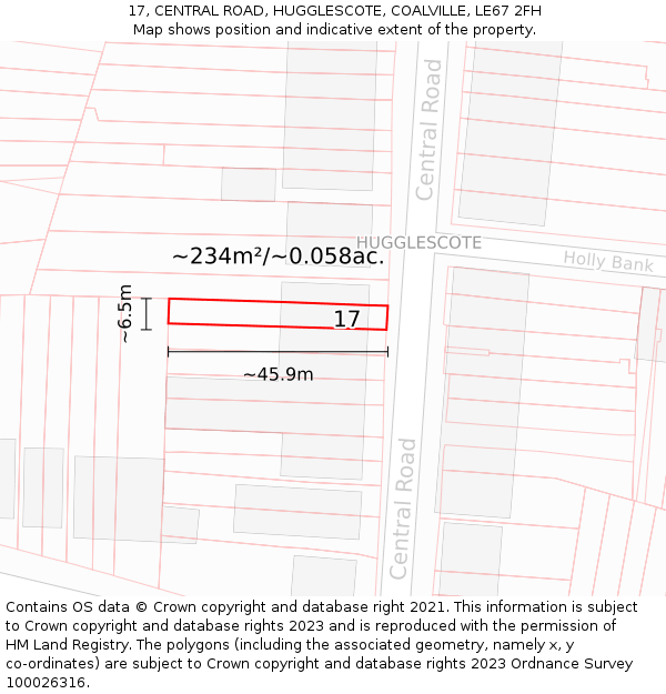 17, CENTRAL ROAD, HUGGLESCOTE, COALVILLE, LE67 2FH: Plot and title map