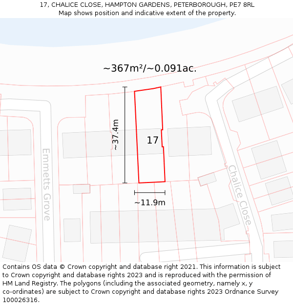 17, CHALICE CLOSE, HAMPTON GARDENS, PETERBOROUGH, PE7 8RL: Plot and title map