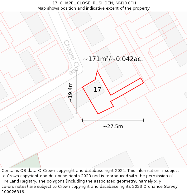 17, CHAPEL CLOSE, RUSHDEN, NN10 0FH: Plot and title map