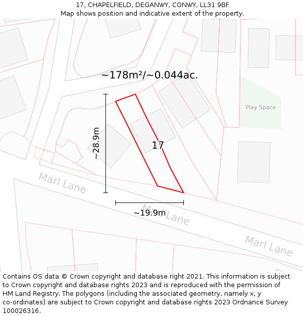 17, CHAPELFIELD, DEGANWY, CONWY, LL31 9BF: Plot and title map