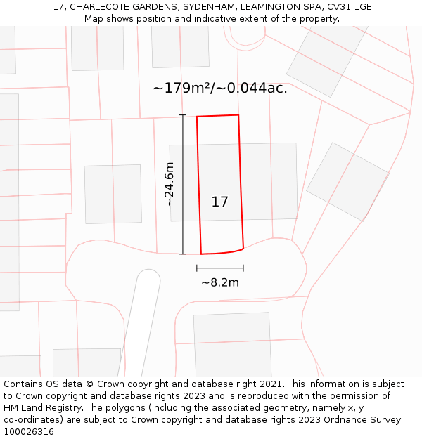 17, CHARLECOTE GARDENS, SYDENHAM, LEAMINGTON SPA, CV31 1GE: Plot and title map