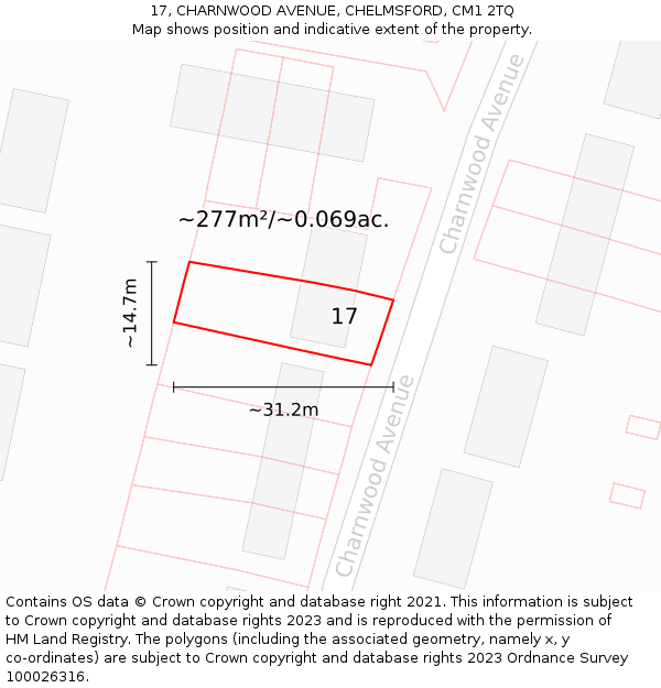 17, CHARNWOOD AVENUE, CHELMSFORD, CM1 2TQ: Plot and title map